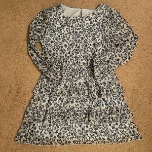 Floral print ruffled dress- navy, light blue, and gold accents